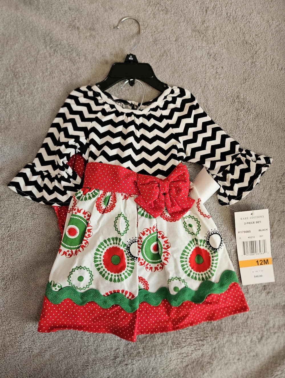 Rare Editions Black White Red Green Chevron Dress With Bloomers 12M